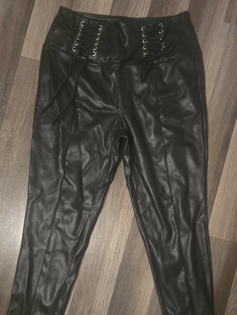 Cavalini Black Faux Leather Lace-Up Tummy- Cinch Leggings